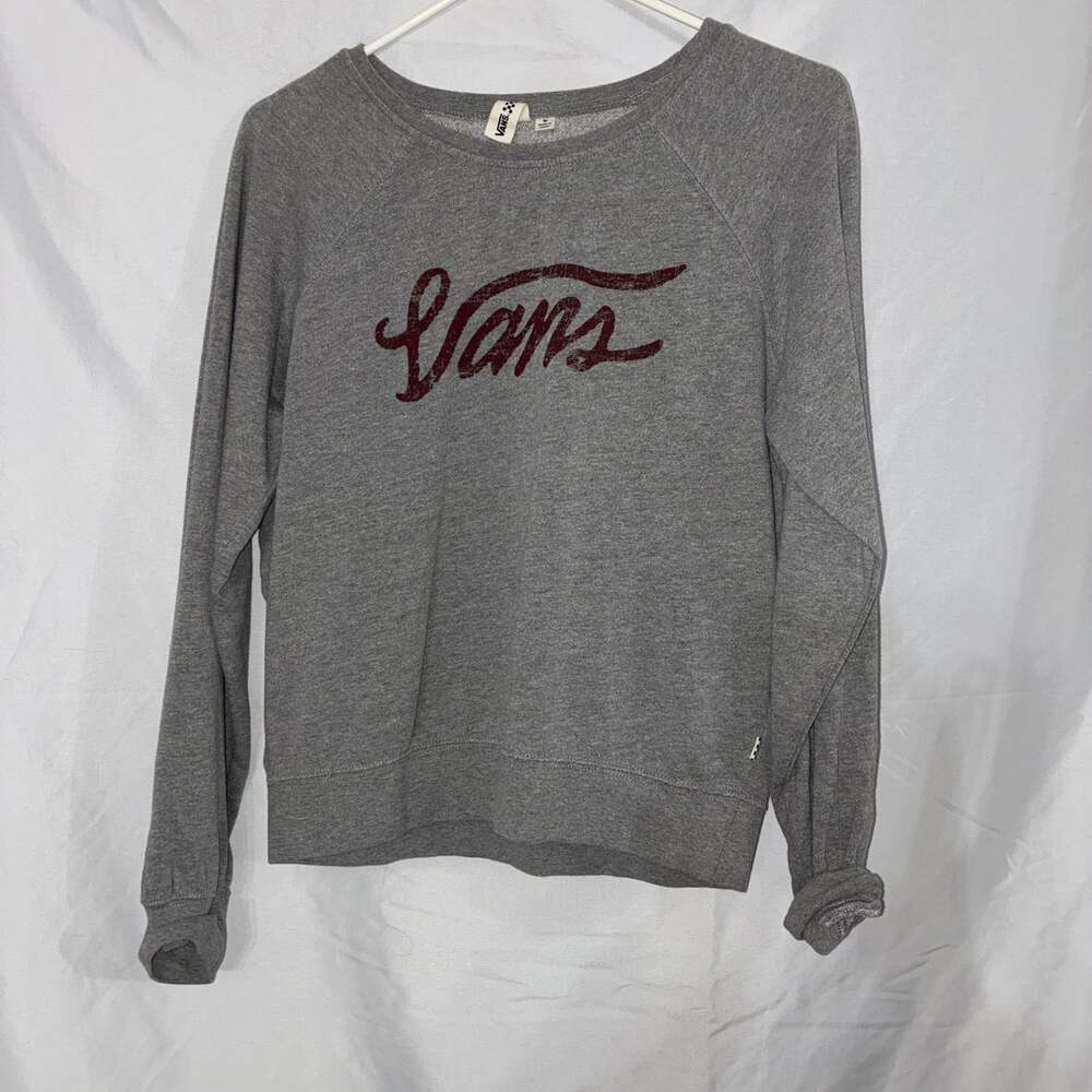 Vans Women's Heather Grey Raglan Crewneck Sweatshirt with Maroon Script Logo